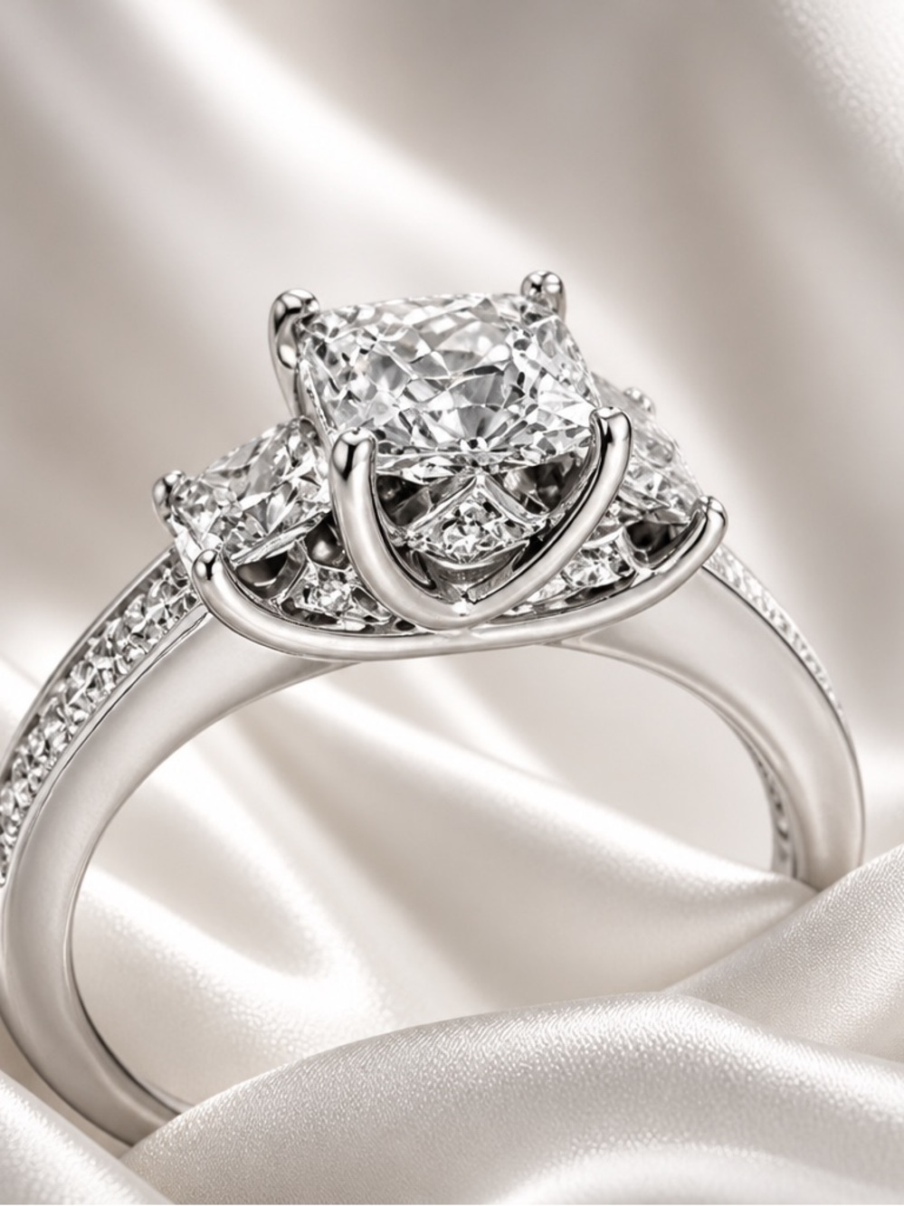 1.03 Carat Natural 3 Diamond Ring GIA Clarity VS2 Platinum Size 7